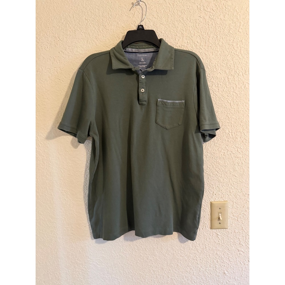Tahari‎ Mens Olive Green Short Sleeve 100% Cotton Pocket Polo Shirt Large L